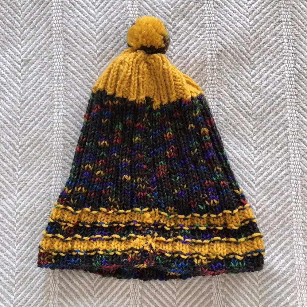 Chunky Knit Beanie Yellow & Dark Grey Color Flecked with Pompom Topper